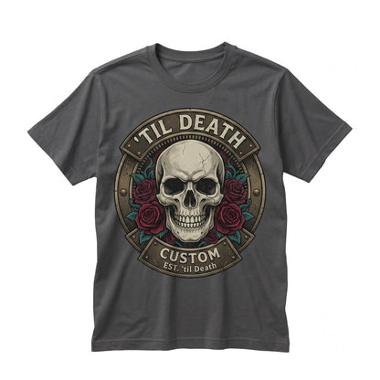 Personalized Til Death Date Gothic Skull Roses Floral Skeleton Lover Wedding Gift Unisex TShirt