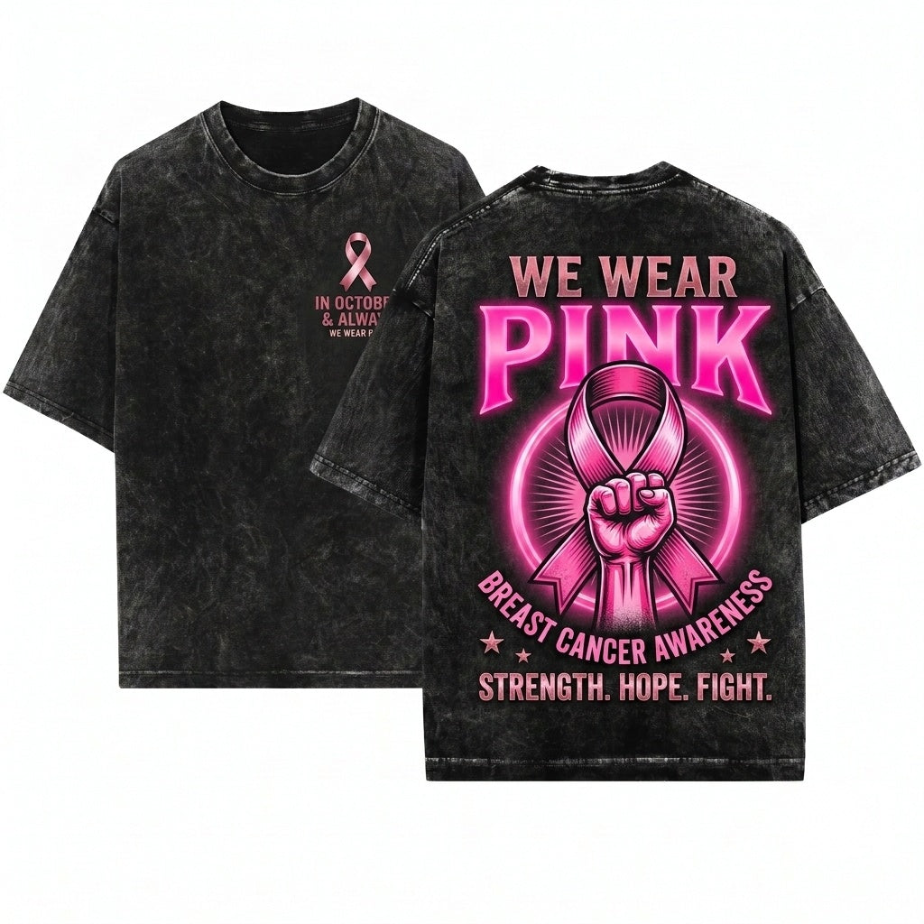 In October We Wear Pink Ribbon Breast Cancer Awareness Month Survivor Support Gift Unisex Wash T-Shirt