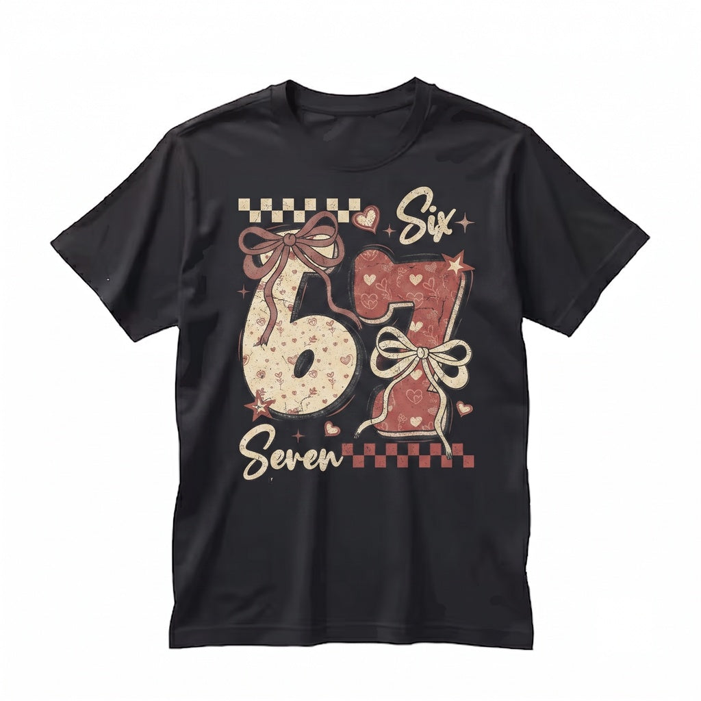 Retro 67 Valentine Day Coquette Bow Love Six Seven Pink Red Checkered Hearts Funny Number Meme Unisex TShirt