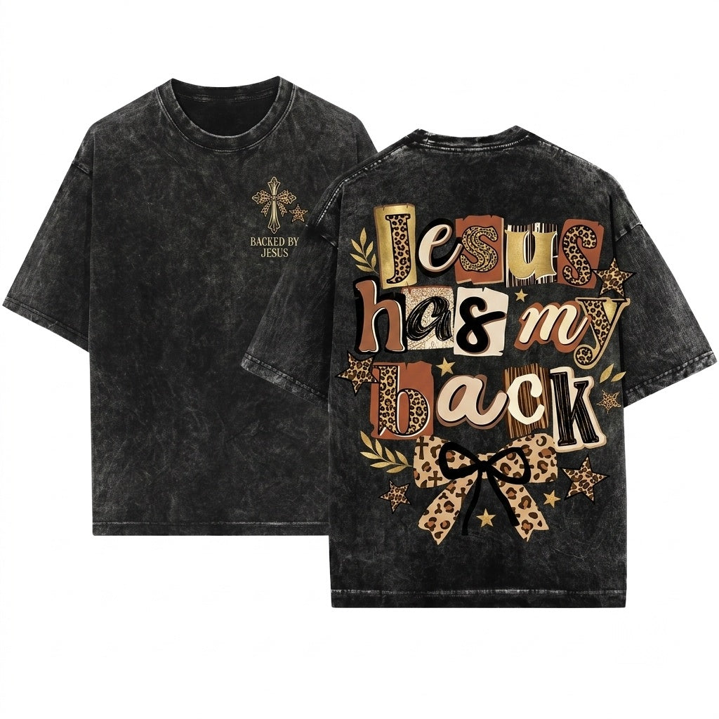 Leopard Jesus Has My Back Trendy Christian Faith Bow Doodles Religious Unisex Wash T-Shirt