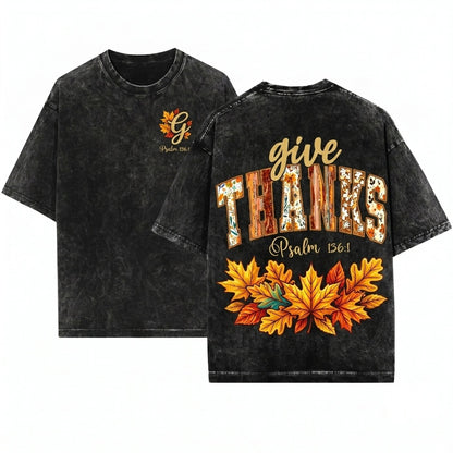 Give Thanks Floral Jesus Fall Faith Christian Varsity Bible Verse Faux Embroidery Unisex Wash T-Shirt