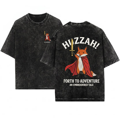 Huzzah Fox Embroidered Medieval Renaissance Faire Tabletop Fantasy Gamer Apparel Unisex Wash T-Shirt