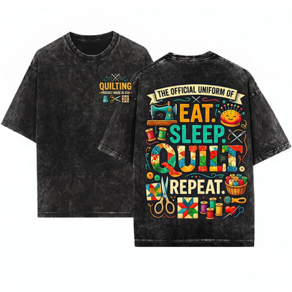 Eat Sleep Quilt Repeat Vintage Crafting Hobby Illustration Cotton Fabric Everyday Wear Unisex Wash T-Shirt