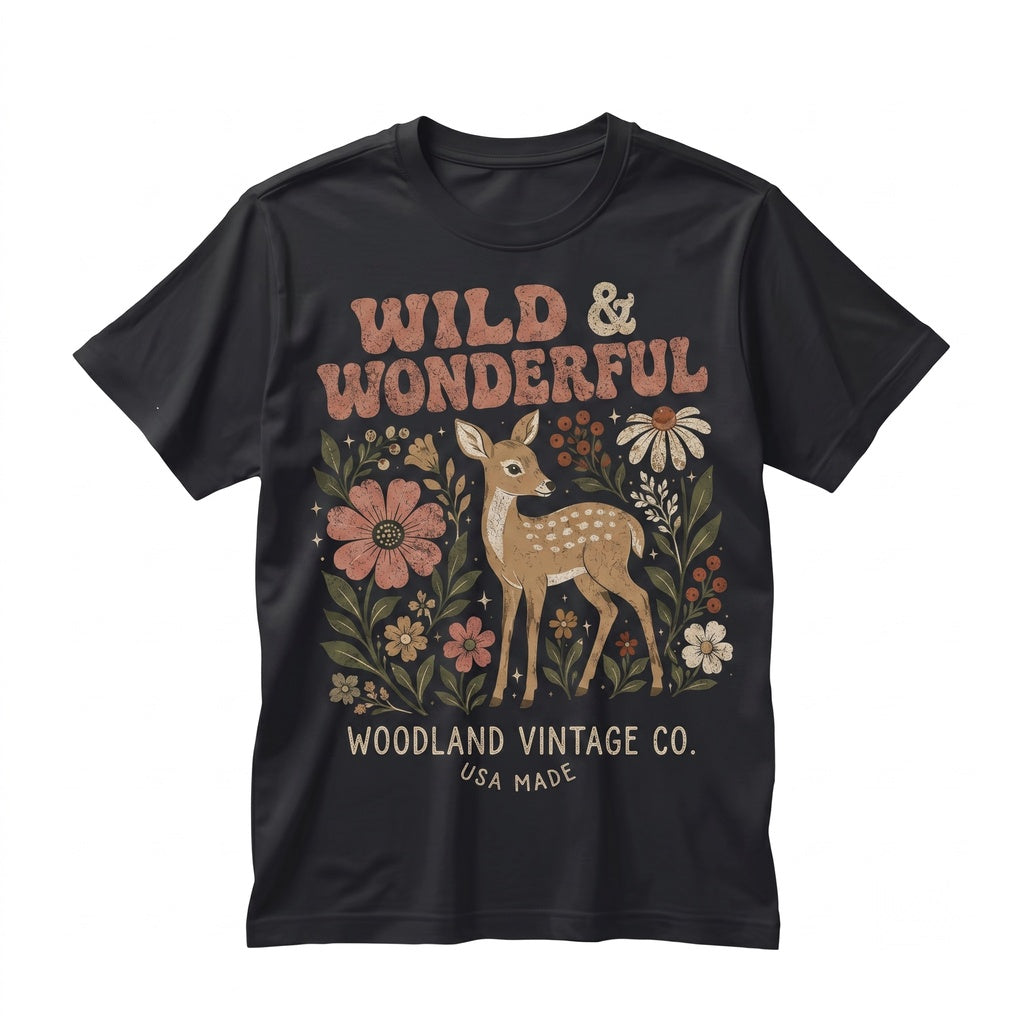 Moss Green Distressed Fawn Deer Floral Graphic Print Cotton Crewneck Unisex TShirt
