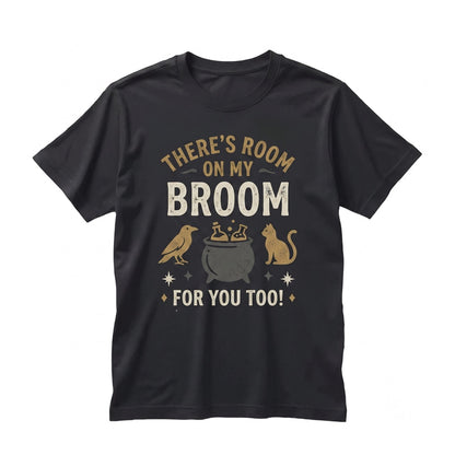 Spooky Witch Flying Broomstick Graphic Novelty Party Apparel - Halloween Fall Season Fun Unisex TShirt