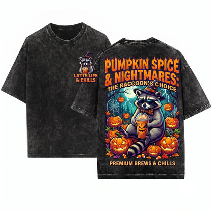 Funny Halloween Raccoon Drinking Pumpkin Spice Latte Spooky Season Fall Graphic Unisex Wash T-Shirt