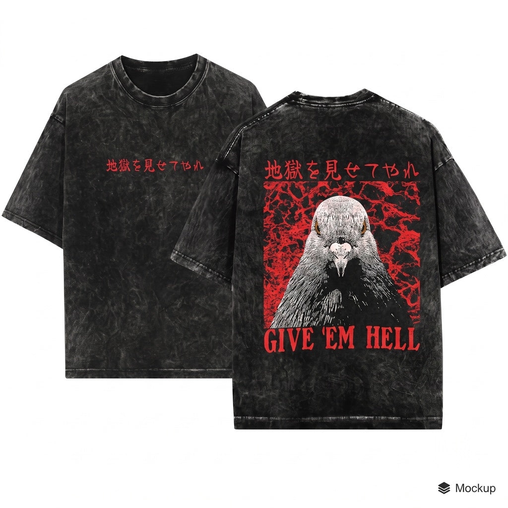 Give Em Hell Retro Japanese Pigeon Graphic Humorous Vintage Unisex Wash T-Shirt