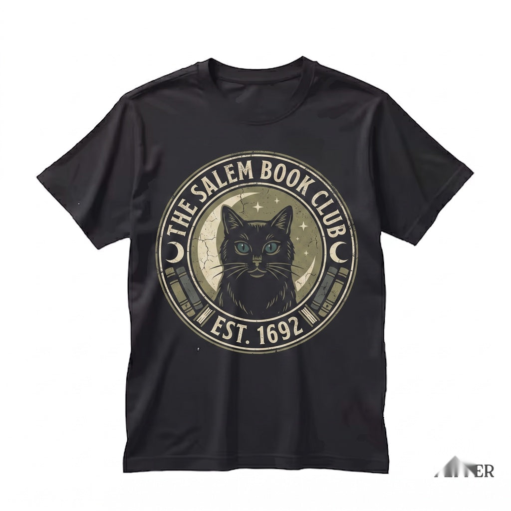 Vintage Salem Book Club Halloween Graphic Spooky Black Cat Witch Apparel Unisex TShirt