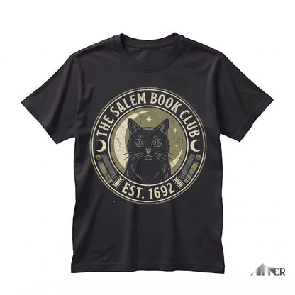Vintage Salem Book Club Halloween Graphic Spooky Black Cat Witch Apparel Unisex TShirt