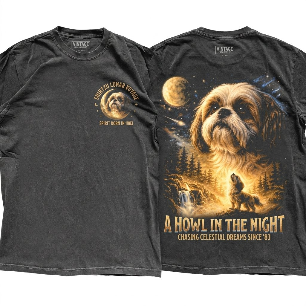 Vintage Shih Tzu Howling Moon Graphic Gift Silly Dog 90s Retro Animal Apparel Unisex Wash T-Shirt