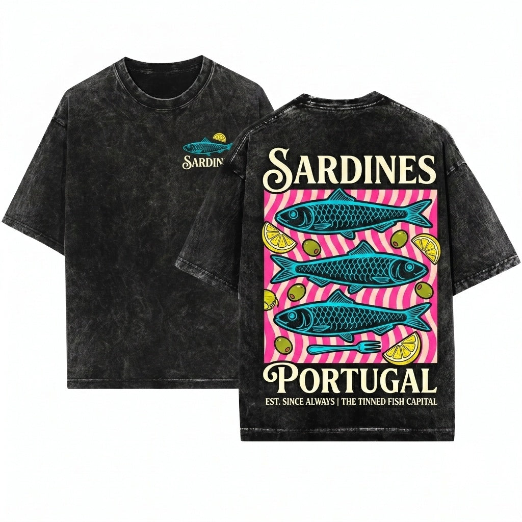 Vintage Sardines Graphic Portugal Coastal Style Unisex Wash T-Shirt