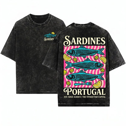 Vintage Sardines Graphic Portugal Coastal Style Unisex Wash T-Shirt