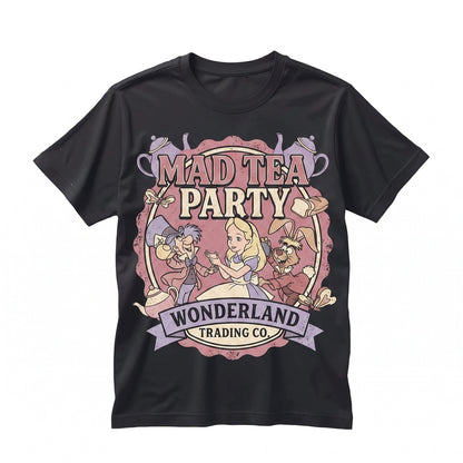 Retro Mad Tea Party Graphic Wonderland Cheshire Cat White Rabbit Hatter Drinking Cup Family Vacation Unisex TShirt