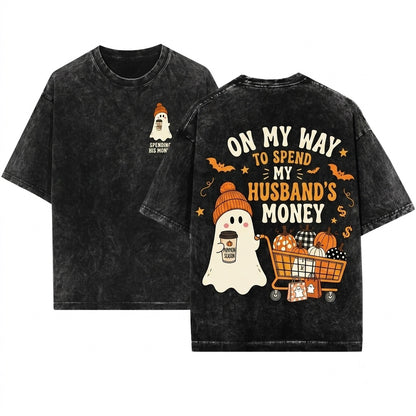 Funny Halloween Ghost Pushing Pumpkin Cart Latte Husband Money Spending Unisex Wash T-Shirt