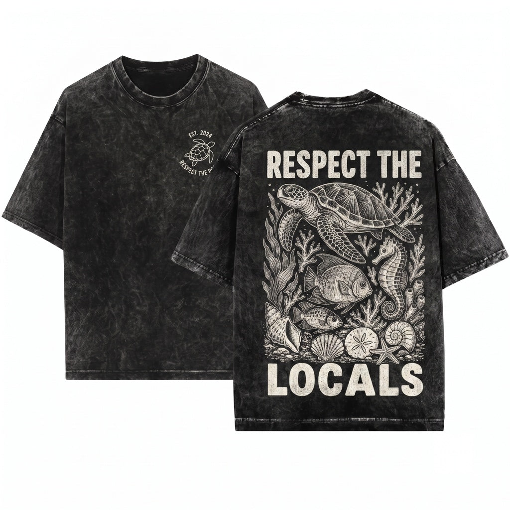 Retro Respect The Locals Sea Turtle Ocean Coastal Marine Wildlife Nautical Gift Graphic Unisex Wash T-Shirt