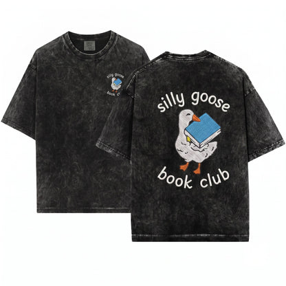 Silly Goose Book Club Embroidered Whimsical Reading Graphic Gift for Readers Unisex Wash T-Shirt