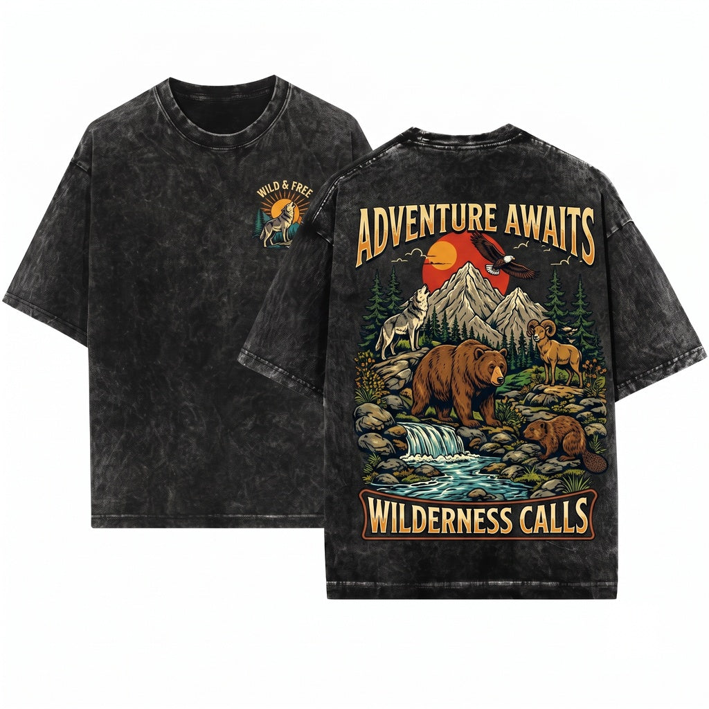 Vintage Rustic Mountain Forest Wildlife Bear Wolf Eagle Graphic Outdoor Adventure Nature Gift Unisex Wash T-Shirt