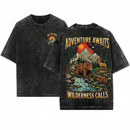 Vintage Rustic Mountain Forest Wildlife Bear Wolf Eagle Graphic Outdoor Adventure Nature Gift Unisex Wash T-Shirt