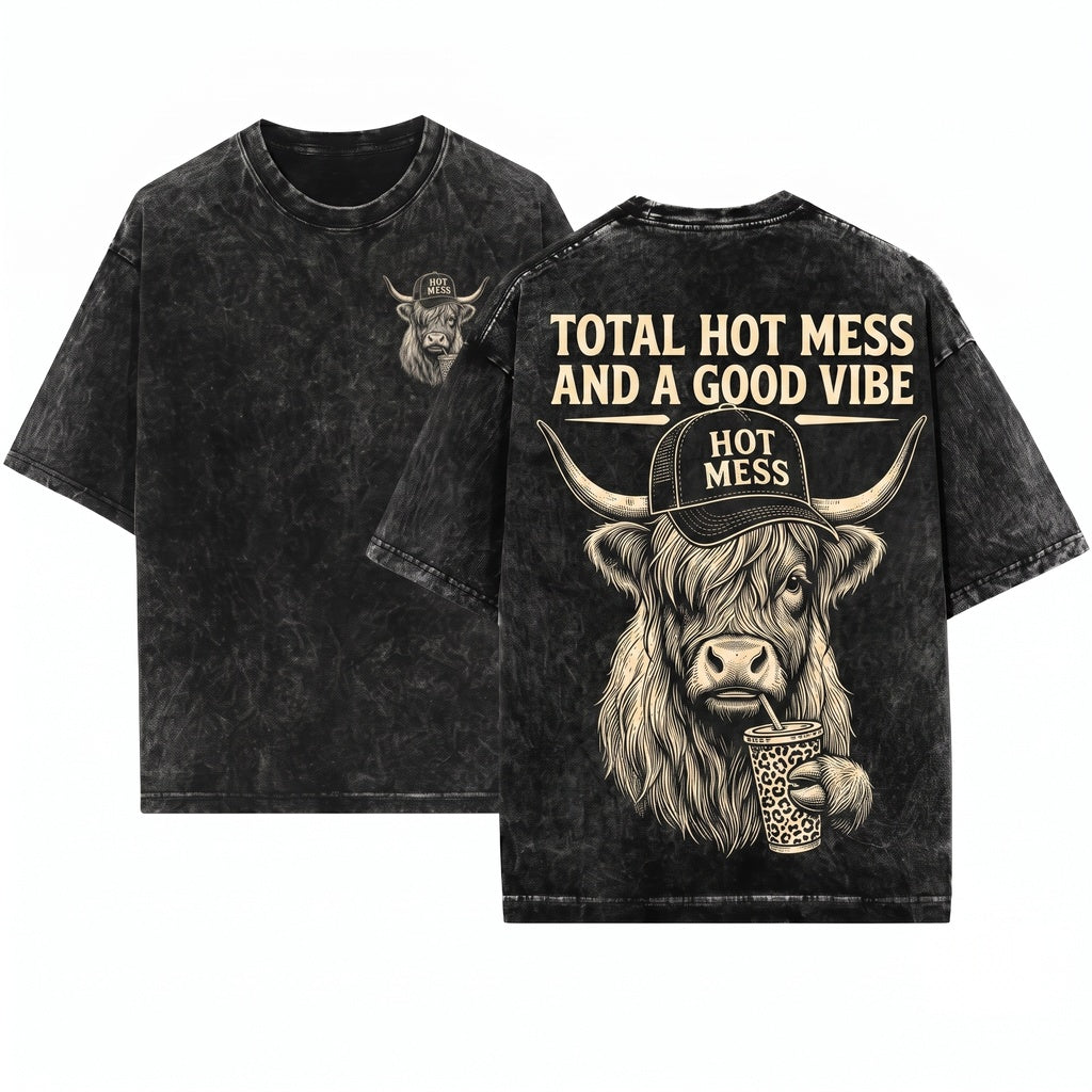 Hot Mess Highland Cow Funny Cute Coffee Lover Rustic Western Farm Animal Humor Cowgirl Gift for Her Unisex Wash T-Shirt