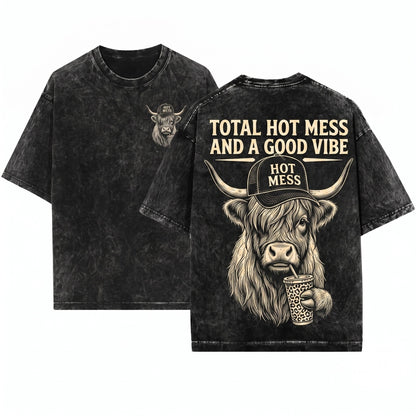 Hot Mess Highland Cow Funny Cute Coffee Lover Rustic Western Farm Animal Humor Cowgirl Gift for Her Unisex Wash T-Shirt