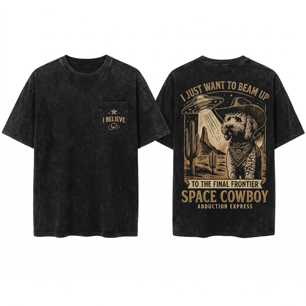 Vintage Western Cowboy Goldendoodle Alien Retro Hybrid Dog Gift for Doodle Mom Dad Funny Unisex Wash T-Shirt