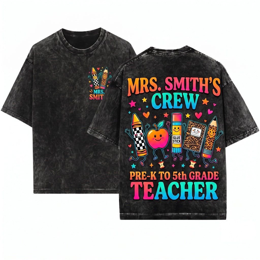 Leopard Checkered School Supplies Custom Teacher Name Back To Classroom Gift Unisex Wash T-Shirt