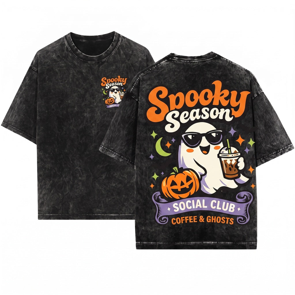 Spooky Season Funny Ghost Iced Coffee Cold Brew Halloween Graphic Apparel Unisex Wash T-Shirt