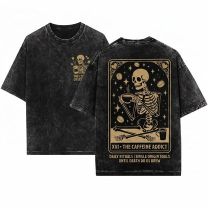 Coffee Lover Tarot Skeleton Occult Graphic Aesthetic Unisex Wash T-Shirt