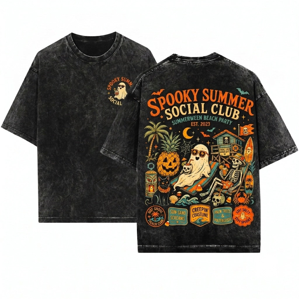 Spooky Summerween Beach Ghost Skeleton Pumpkin Retro Surf Graphic Unisex Wash T-Shirt