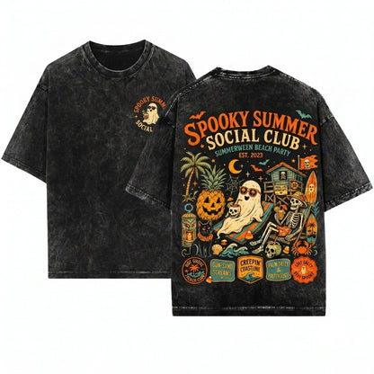 Spooky Summerween Beach Ghost Skeleton Pumpkin Retro Surf Graphic Unisex Wash T-Shirt