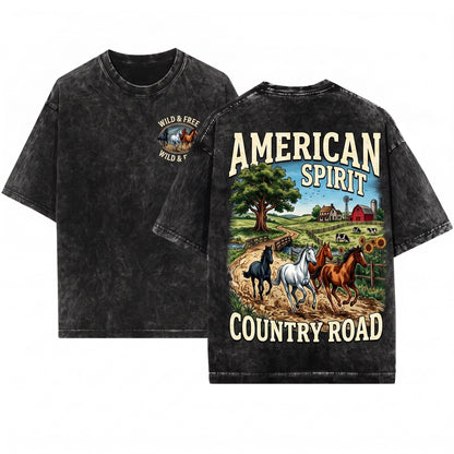 Vintage Running Horses Graphic Rustic Western Farm Countryside Animal Nature Lover Gift Unisex Wash T-Shirt