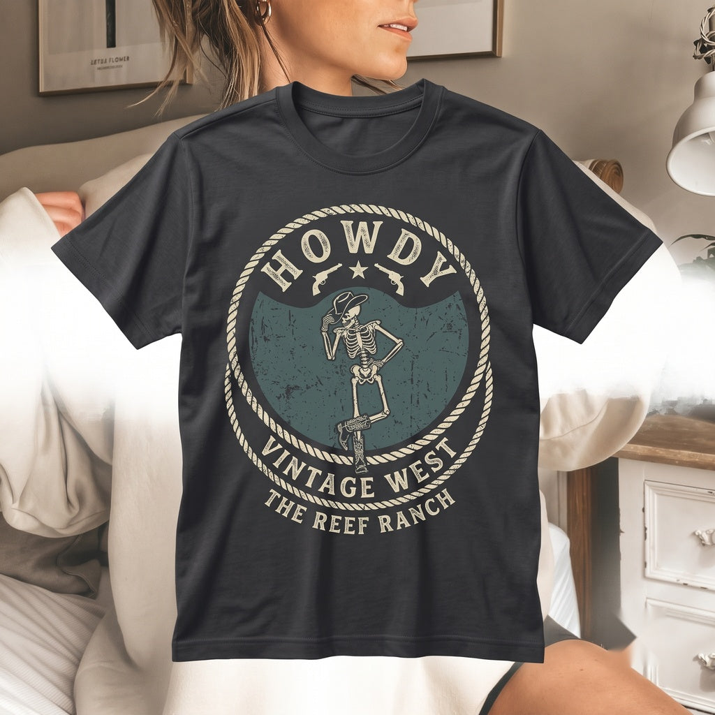 Howdy Cowboy Skeleton Halloween Wild West Thriller Spooky Graphic Pullover Unisex TShirt