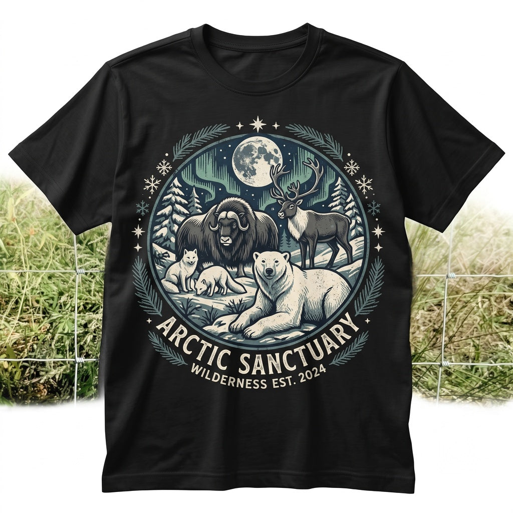 Retro Arctic Wildlife Graphic Polar Bear Caribou Northern Lights Nature Gift Unisex TShirt