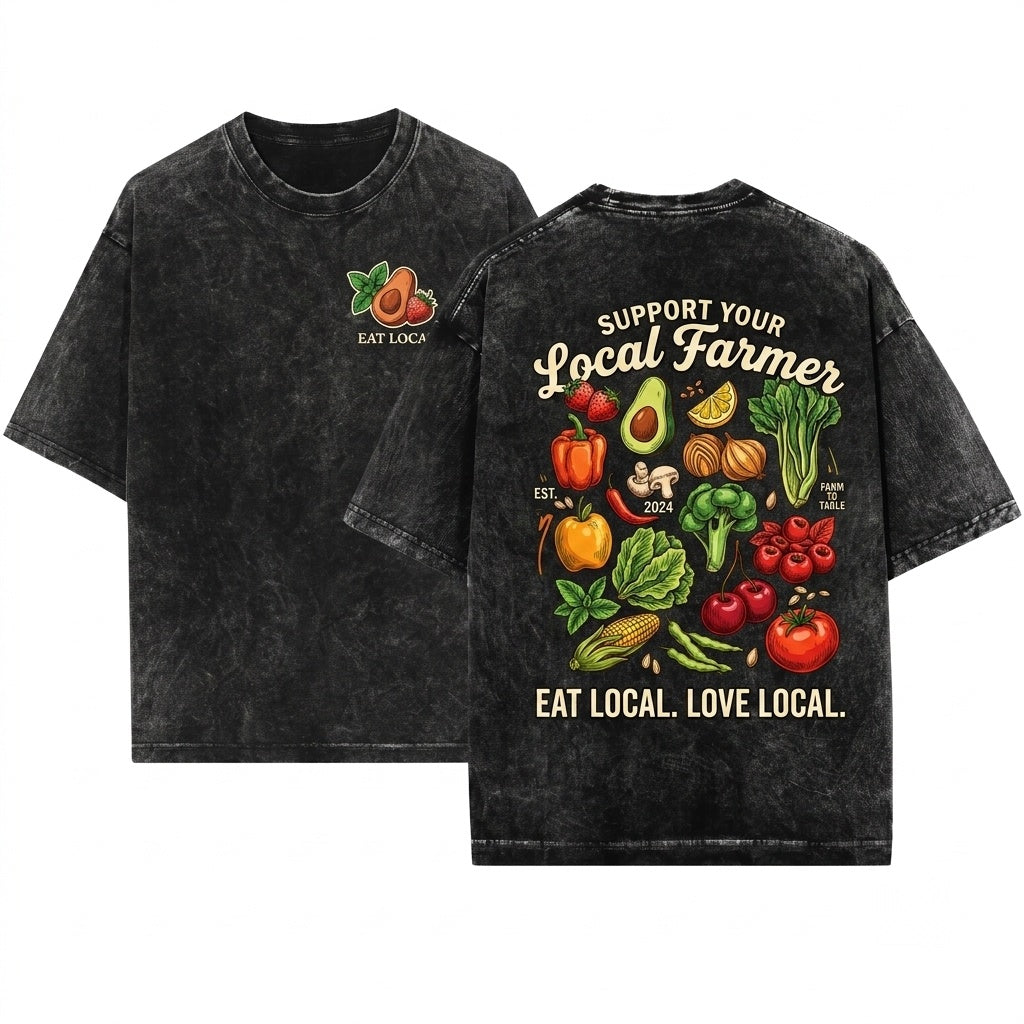 Eat Local Farmers Market Graphic Unisex Wash T-Shirt