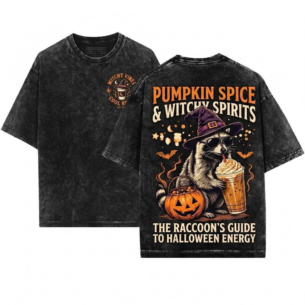 Cute Halloween Spooky Witch Raccoon Drinking Pumpkin Spice Coffee Lover Autumn Fall Graphic Gift Unisex Wash T-Shirt