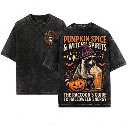 Cute Halloween Spooky Witch Raccoon Drinking Pumpkin Spice Coffee Lover Autumn Fall Graphic Gift Unisex Wash T-Shirt