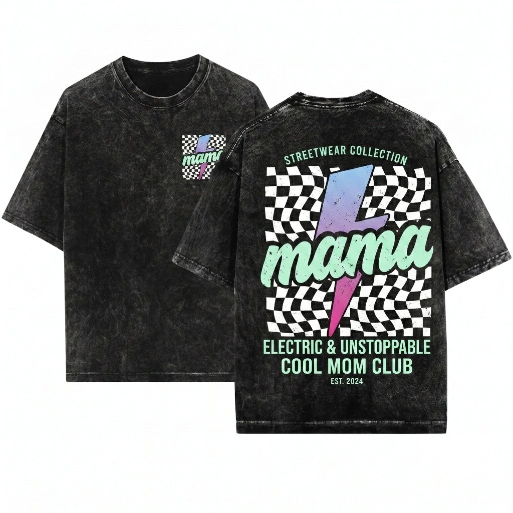 Retro Checkered Mama Lightning Bolt Neon Mothers Day Gift Mom Graphic Unisex Wash T-Shirt