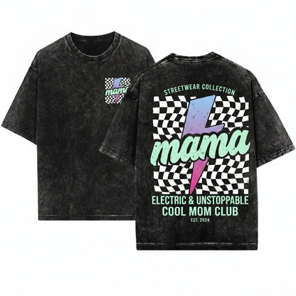 Retro Checkered Mama Lightning Bolt Neon Mothers Day Gift Mom Graphic Unisex Wash T-Shirt