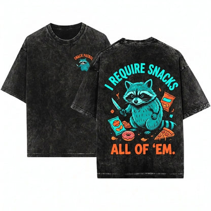 Heres my take I Require Snacks Feral Embroidered Raccoon Funny Cozy Unhinged Animal Gift Unisex Wash T-Shirt