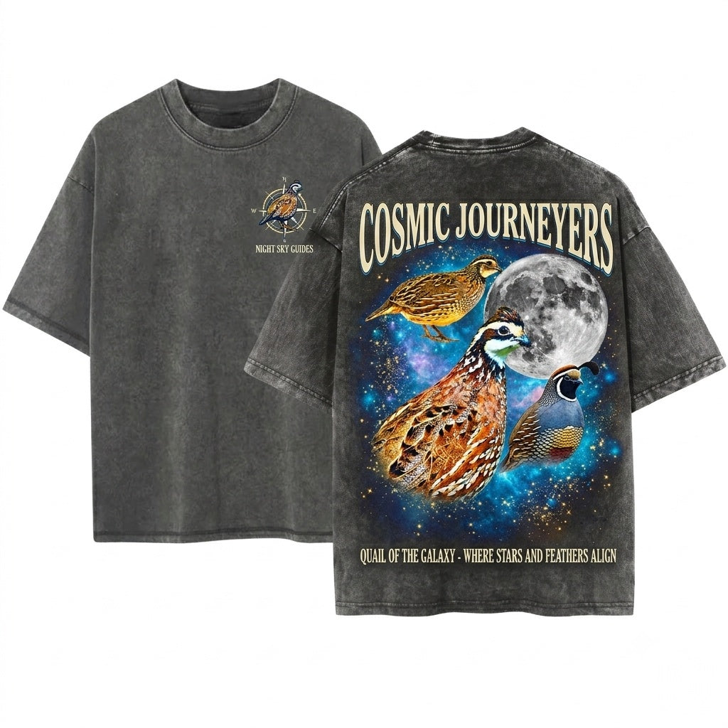 Three Bobwhite Quail Moon Galaxy Game Bird Retro Graphic Vintage Nature Lover Pet Owner Gift Unisex Wash T-Shirt
