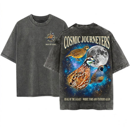 Three Bobwhite Quail Moon Galaxy Game Bird Retro Graphic Vintage Nature Lover Pet Owner Gift Unisex Wash T-Shirt