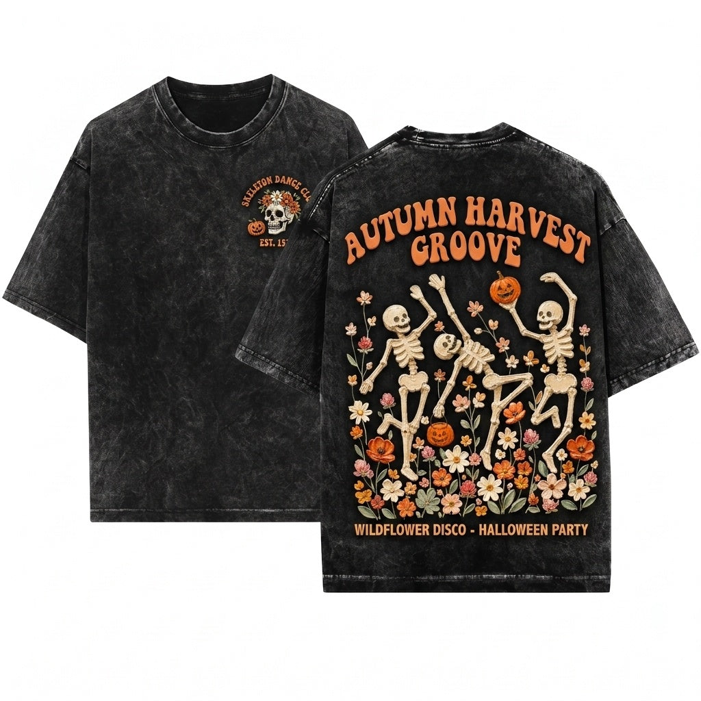 Vintage Hand-painted Floral Dancing Skeleton Halloween Pumpkin Wildflower Spooky Season Fall Graphic Unisex Wash T-Shirt