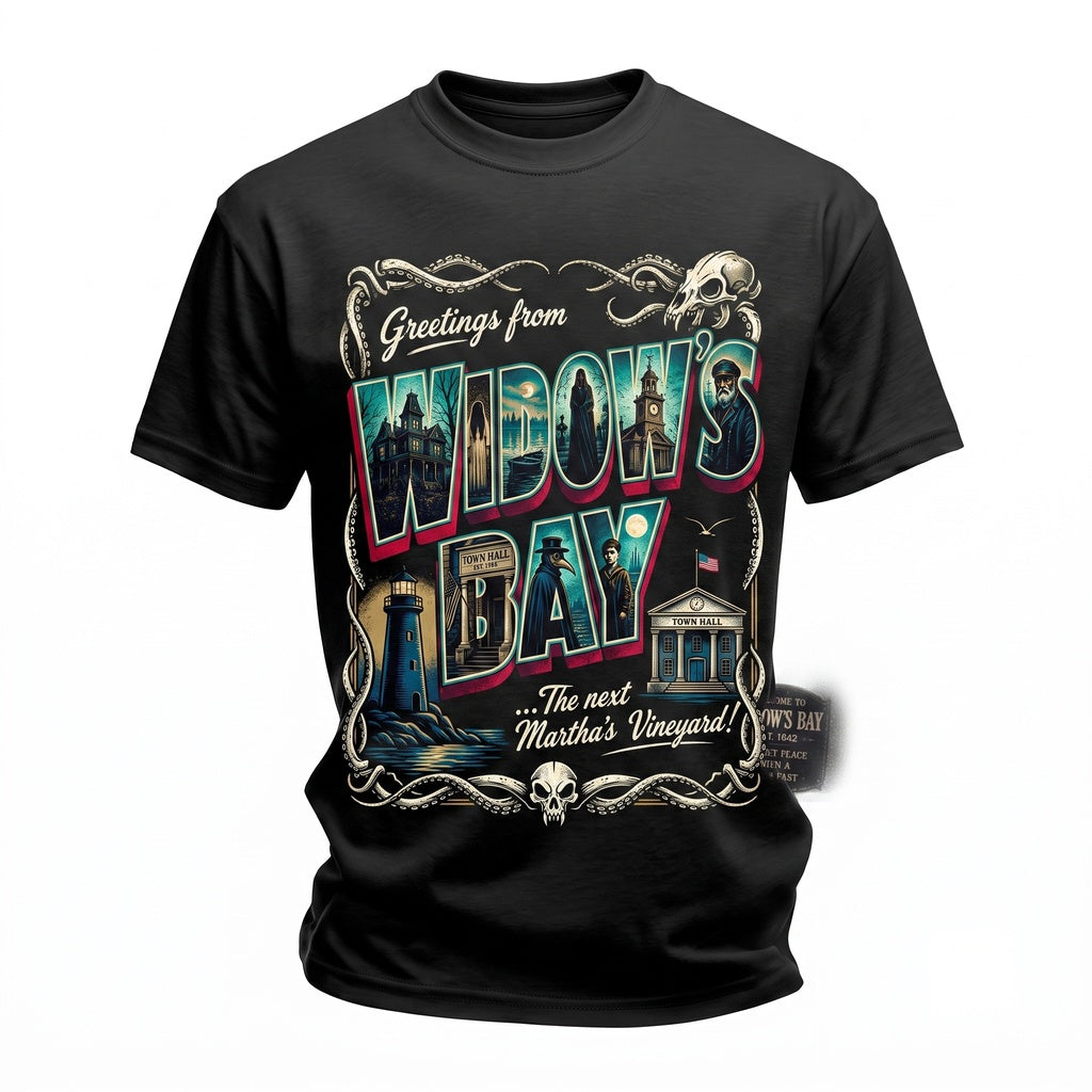 Greetings From Widows Bay Vintage Coastal Horror Movie Graphic Spooky Fan Gift Unisex TShirt