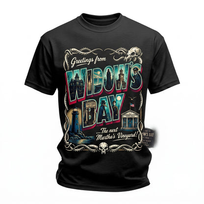 Greetings From Widows Bay Vintage Coastal Horror Movie Graphic Spooky Fan Gift Unisex TShirt