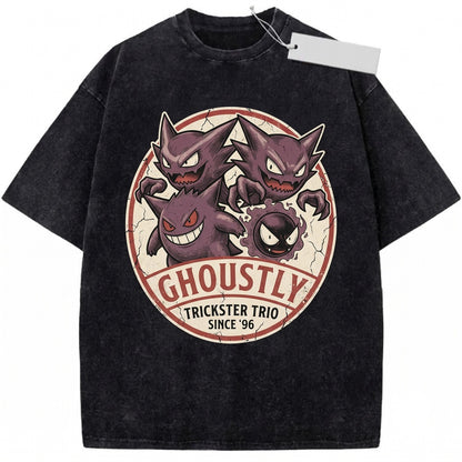 Vintage Wash Gengar Gastly Haunter Anime Mineral Garment Dyed Ghost Graphic Unisex TShirt
