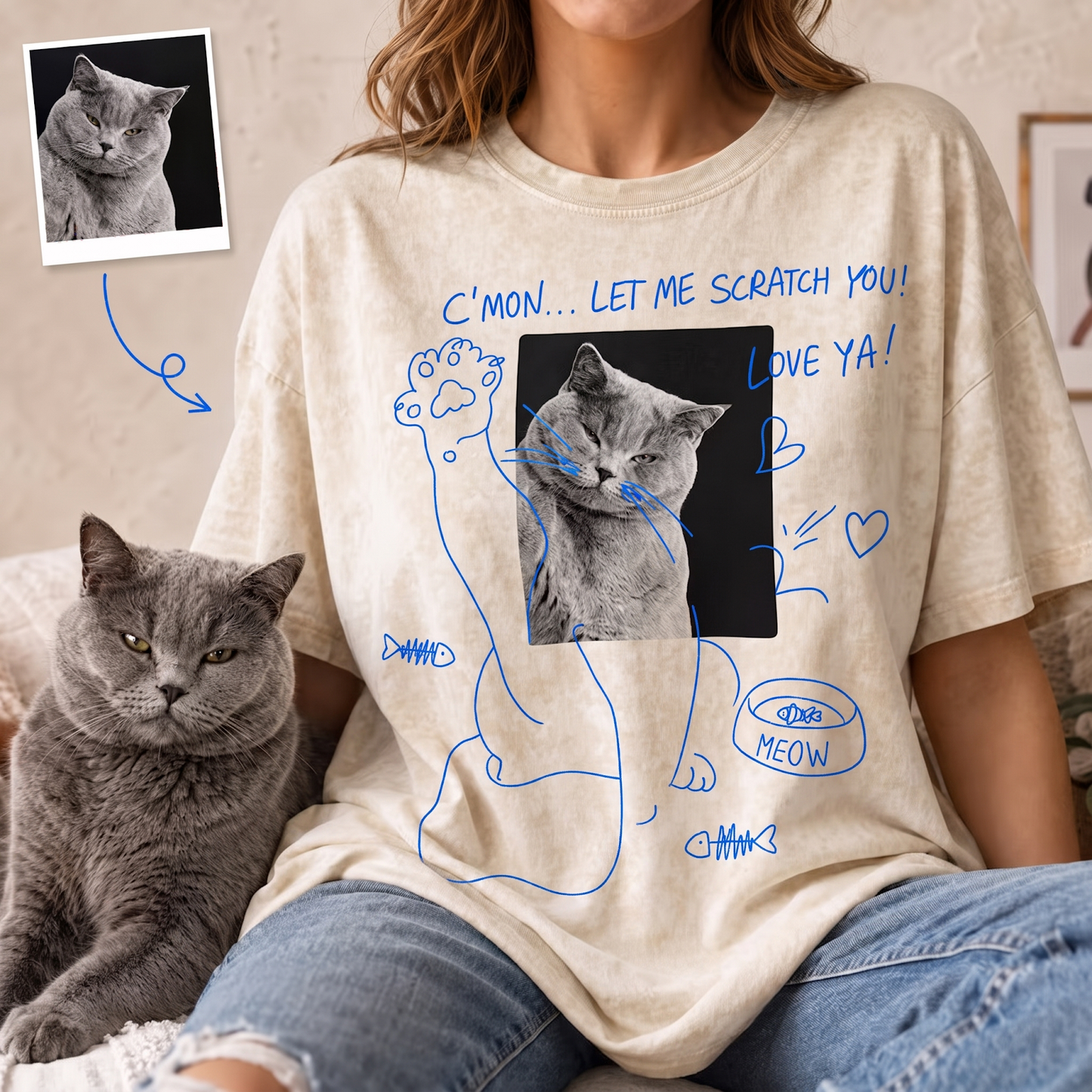 Custom Pet Portrait Graphic Comfort Colors Tee - Personalized Hand Drawn Cat Mom Dad Gift Unisex Heavyweight Garment-Dyed T-Shirt