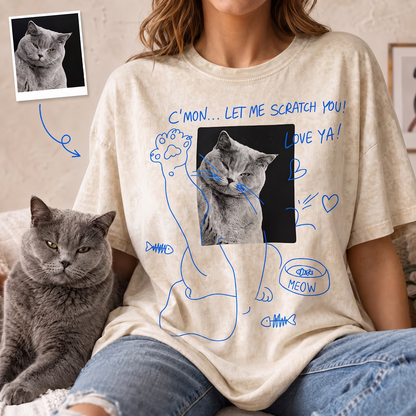 Custom Pet Portrait Graphic Comfort Colors Tee - Personalized Hand Drawn Cat Mom Dad Gift Unisex Heavyweight Garment-Dyed T-Shirt