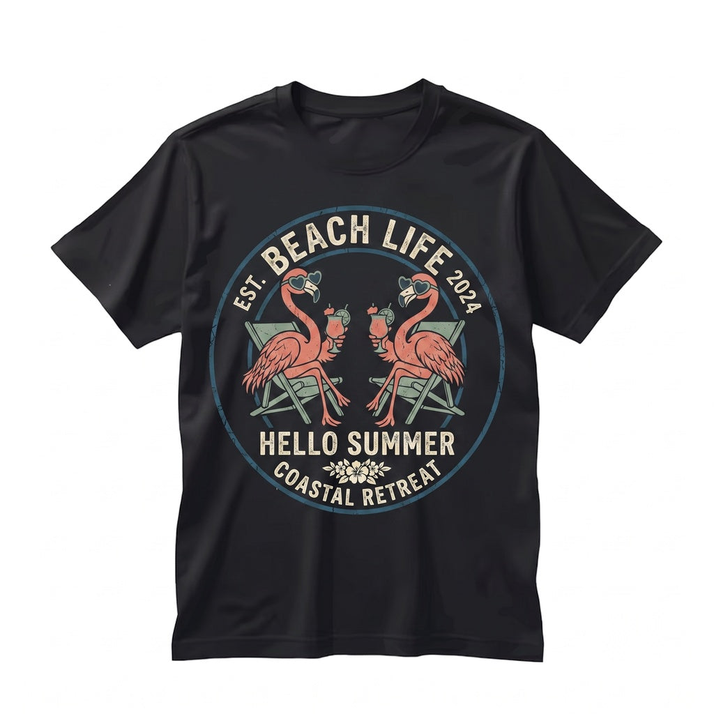 Cute Flamingo Beach Vacation Outfit, Hello Summer Graphic Apparel for Women, Unisex TShirt