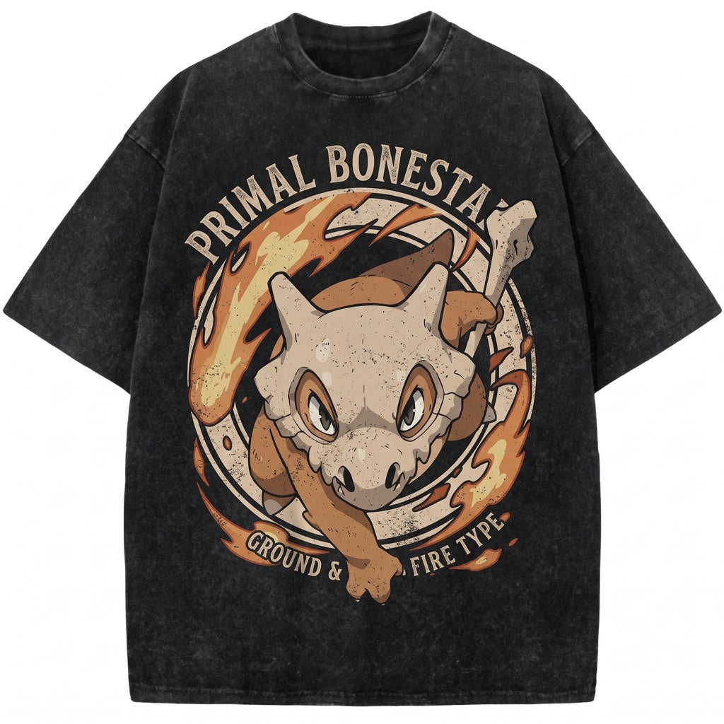 Cubone Vintage Wash Fire Skull Anime Graphic Retro Japanese Style Oversized Streetwear Gamer Gift Unisex TShirt