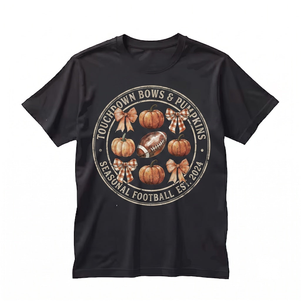 Coquette Fall Pumpkin Football Ribbon Bow Autumn Halloween Thanksgiving Touchdown Sports Unisex TShirt